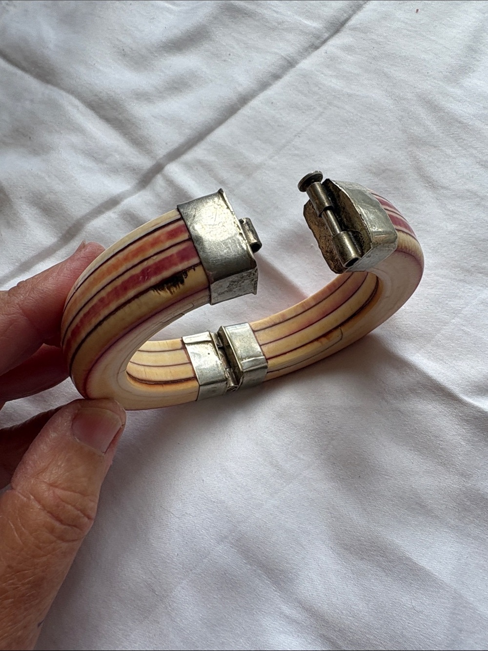 Pink hand painted Bone Cuff Bracelet with Silver Accents